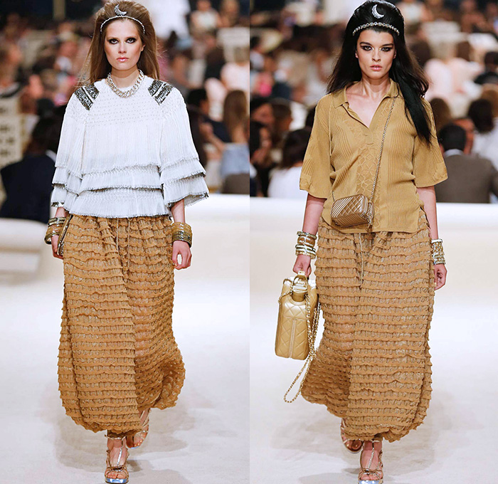 Chanel Womens Cruise 2015 Runway Collection - Dubai United Arab Emirates UAE Croisière Resort Pre Spring Fashion Show Catwalk Looks Style - Tweed 3D Flowers Embellishments Wide Leg Palazzo Harem Pants Outerwear Jacket Mesh Florals Embroidery Sequins Rhinestones Geometric Metallic Jeans Coated Flare Blouse Checks Jogging Sweatpants Rope Parka Lace Crochet Frizzy Hair Off Shoulder Knit Cardigan Drapery Moon Skirt Frock Maxi Dress Sheer Chiffon Frayed Gloves Cape Cloak Tunic Caftan Kaftan Leg Warmer Sandals