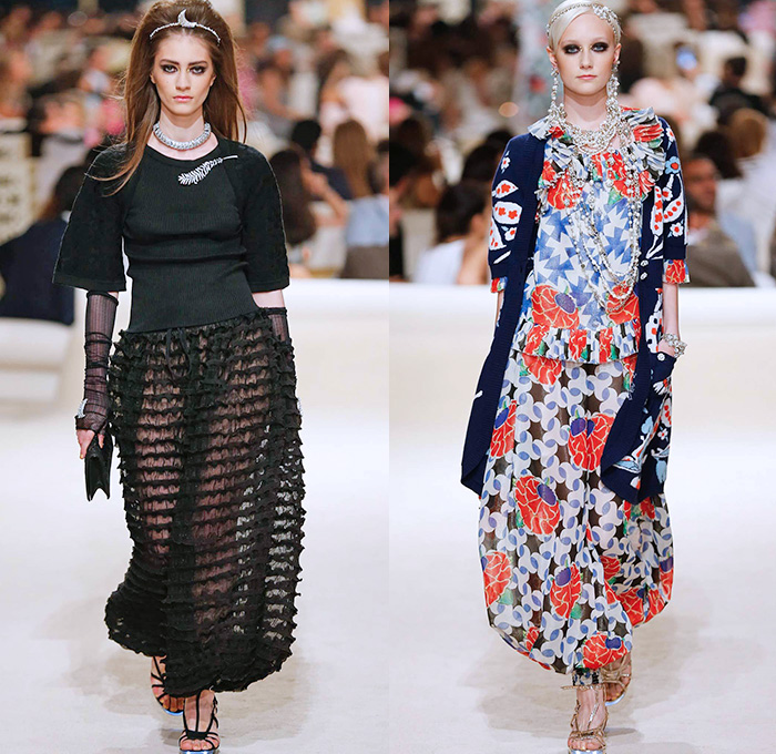 Chanel Womens Cruise 2015 Runway Collection - Dubai United Arab Emirates UAE Croisière Resort Pre Spring Fashion Show Catwalk Looks Style - Tweed 3D Flowers Embellishments Wide Leg Palazzo Harem Pants Outerwear Jacket Mesh Florals Embroidery Sequins Rhinestones Geometric Metallic Jeans Coated Flare Blouse Checks Jogging Sweatpants Rope Parka Lace Crochet Frizzy Hair Off Shoulder Knit Cardigan Drapery Moon Skirt Frock Maxi Dress Sheer Chiffon Frayed Gloves Cape Cloak Tunic Caftan Kaftan Leg Warmer Sandals