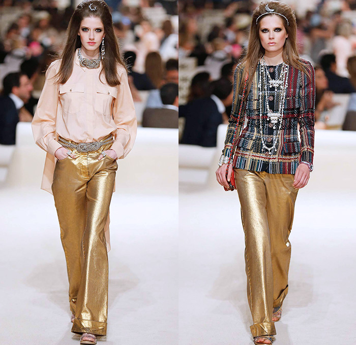 Chanel Womens Cruise 2015 Runway Collection - Dubai United Arab Emirates UAE Croisière Resort Pre Spring Fashion Show Catwalk Looks Style - Tweed 3D Flowers Embellishments Wide Leg Palazzo Harem Pants Outerwear Jacket Mesh Florals Embroidery Sequins Rhinestones Geometric Metallic Jeans Coated Flare Blouse Checks Jogging Sweatpants Rope Parka Lace Crochet Frizzy Hair Off Shoulder Knit Cardigan Drapery Moon Skirt Frock Maxi Dress Sheer Chiffon Frayed Gloves Cape Cloak Tunic Caftan Kaftan Leg Warmer Sandals