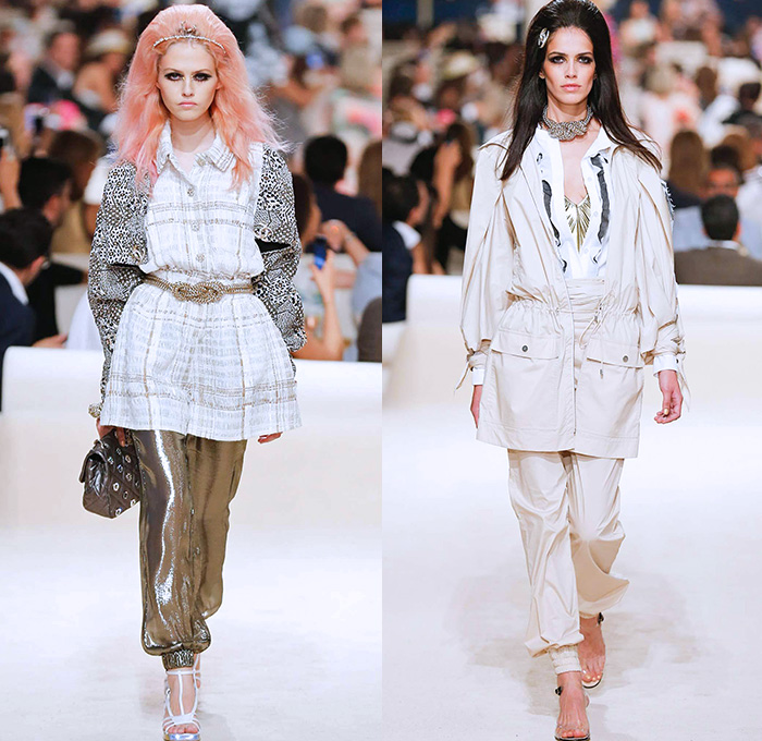 Chanel Womens Cruise 2015 Runway Collection - Dubai United Arab Emirates UAE Croisière Resort Pre Spring Fashion Show Catwalk Looks Style - Tweed 3D Flowers Embellishments Wide Leg Palazzo Harem Pants Outerwear Jacket Mesh Florals Embroidery Sequins Rhinestones Geometric Metallic Jeans Coated Flare Blouse Checks Jogging Sweatpants Rope Parka Lace Crochet Frizzy Hair Off Shoulder Knit Cardigan Drapery Moon Skirt Frock Maxi Dress Sheer Chiffon Frayed Gloves Cape Cloak Tunic Caftan Kaftan Leg Warmer Sandals