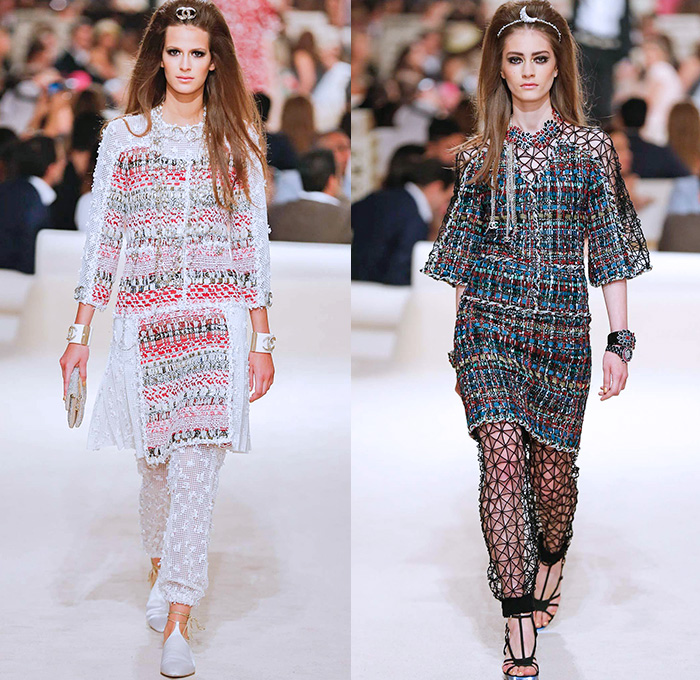 Chanel Womens Cruise 2015 Runway Collection - Dubai United Arab Emirates UAE Croisière Resort Pre Spring Fashion Show Catwalk Looks Style - Tweed 3D Flowers Embellishments Wide Leg Palazzo Harem Pants Outerwear Jacket Mesh Florals Embroidery Sequins Rhinestones Geometric Metallic Jeans Coated Flare Blouse Checks Jogging Sweatpants Rope Parka Lace Crochet Frizzy Hair Off Shoulder Knit Cardigan Drapery Moon Skirt Frock Maxi Dress Sheer Chiffon Frayed Gloves Cape Cloak Tunic Caftan Kaftan Leg Warmer Sandals