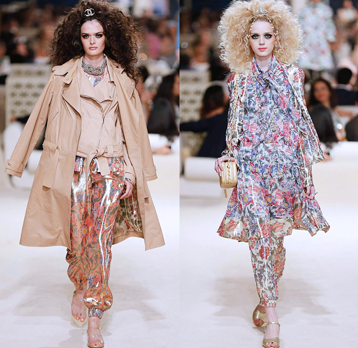 Chanel Womens Cruise 2015 Runway Collection - Dubai United Arab Emirates UAE Croisière Resort Pre Spring Fashion Show Catwalk Looks Style - Tweed 3D Flowers Embellishments Wide Leg Palazzo Harem Pants Outerwear Jacket Mesh Florals Embroidery Sequins Rhinestones Geometric Metallic Jeans Coated Flare Blouse Checks Jogging Sweatpants Rope Parka Lace Crochet Frizzy Hair Off Shoulder Knit Cardigan Drapery Moon Skirt Frock Maxi Dress Sheer Chiffon Frayed Gloves Cape Cloak Tunic Caftan Kaftan Leg Warmer Sandals