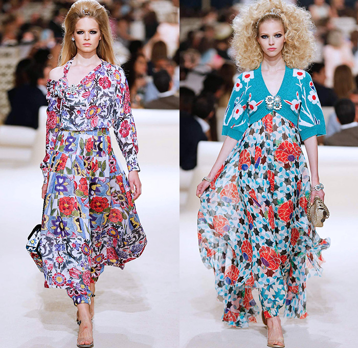 Chanel Womens Cruise 2015 Runway Collection - Dubai United Arab Emirates UAE Croisière Resort Pre Spring Fashion Show Catwalk Looks Style - Tweed 3D Flowers Embellishments Wide Leg Palazzo Harem Pants Outerwear Jacket Mesh Florals Embroidery Sequins Rhinestones Geometric Metallic Jeans Coated Flare Blouse Checks Jogging Sweatpants Rope Parka Lace Crochet Frizzy Hair Off Shoulder Knit Cardigan Drapery Moon Skirt Frock Maxi Dress Sheer Chiffon Frayed Gloves Cape Cloak Tunic Caftan Kaftan Leg Warmer Sandals