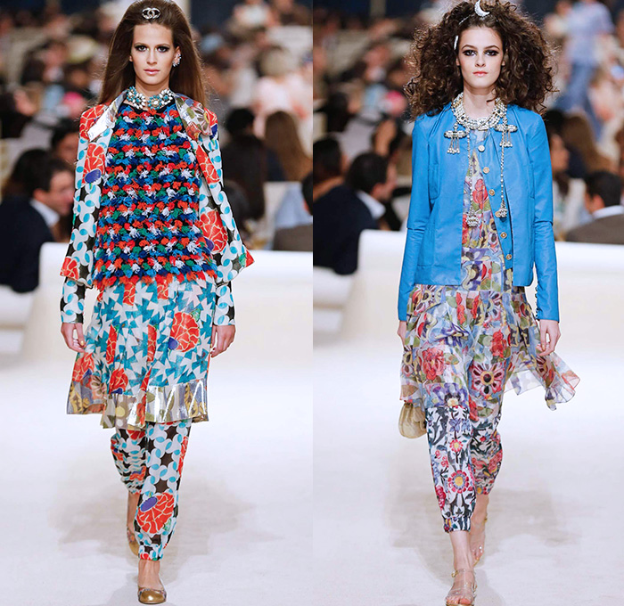 Chanel Womens Cruise 2015 Runway Collection - Dubai United Arab Emirates UAE Croisière Resort Pre Spring Fashion Show Catwalk Looks Style - Tweed 3D Flowers Embellishments Wide Leg Palazzo Harem Pants Outerwear Jacket Mesh Florals Embroidery Sequins Rhinestones Geometric Metallic Jeans Coated Flare Blouse Checks Jogging Sweatpants Rope Parka Lace Crochet Frizzy Hair Off Shoulder Knit Cardigan Drapery Moon Skirt Frock Maxi Dress Sheer Chiffon Frayed Gloves Cape Cloak Tunic Caftan Kaftan Leg Warmer Sandals