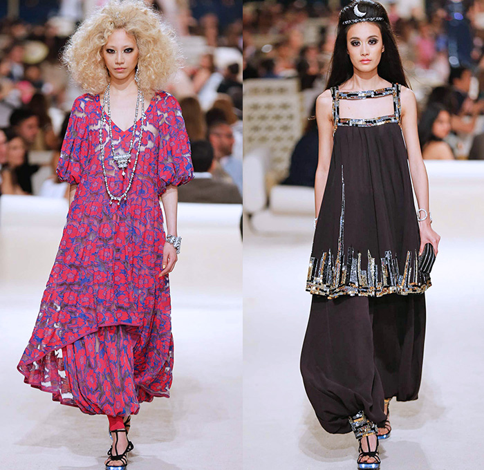 Chanel Womens Cruise 2015 Runway Collection - Dubai United Arab Emirates UAE Croisière Resort Pre Spring Fashion Show Catwalk Looks Style - Tweed 3D Flowers Embellishments Wide Leg Palazzo Harem Pants Outerwear Jacket Mesh Florals Embroidery Sequins Rhinestones Geometric Metallic Jeans Coated Flare Blouse Checks Jogging Sweatpants Rope Parka Lace Crochet Frizzy Hair Off Shoulder Knit Cardigan Drapery Moon Skirt Frock Maxi Dress Sheer Chiffon Frayed Gloves Cape Cloak Tunic Caftan Kaftan Leg Warmer Sandals