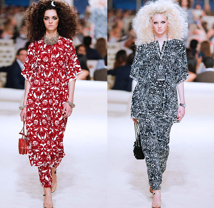 Chanel Womens Cruise 2015 Runway Collection - Dubai United Arab Emirates UAE Croisière Resort Pre Spring Fashion Show Catwalk Looks Style - Tweed 3D Flowers Embellishments Wide Leg Palazzo Harem Pants Outerwear Jacket Mesh Florals Embroidery Sequins Rhinestones Geometric Metallic Jeans Coated Flare Blouse Checks Jogging Sweatpants Rope Parka Lace Crochet Frizzy Hair Off Shoulder Knit Cardigan Drapery Moon Skirt Frock Maxi Dress Sheer Chiffon Frayed Gloves Cape Cloak Tunic Caftan Kaftan Leg Warmer Sandals