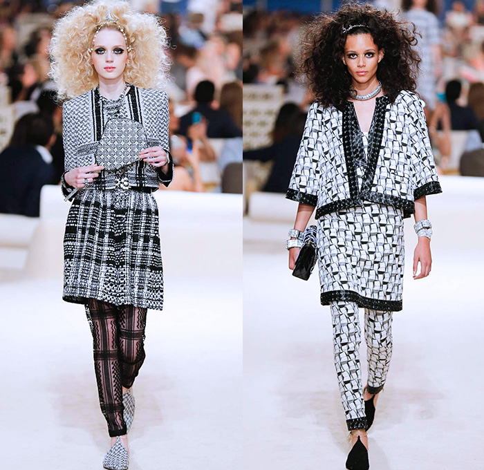 Chanel Womens Cruise 2015 Runway Collection - Dubai United Arab Emirates UAE Croisière Resort Pre Spring Fashion Show Catwalk Looks Style - Tweed 3D Flowers Embellishments Wide Leg Palazzo Harem Pants Outerwear Jacket Mesh Florals Embroidery Sequins Rhinestones Geometric Metallic Jeans Coated Flare Blouse Checks Jogging Sweatpants Rope Parka Lace Crochet Frizzy Hair Off Shoulder Knit Cardigan Drapery Moon Skirt Frock Maxi Dress Sheer Chiffon Frayed Gloves Cape Cloak Tunic Caftan Kaftan Leg Warmer Sandals