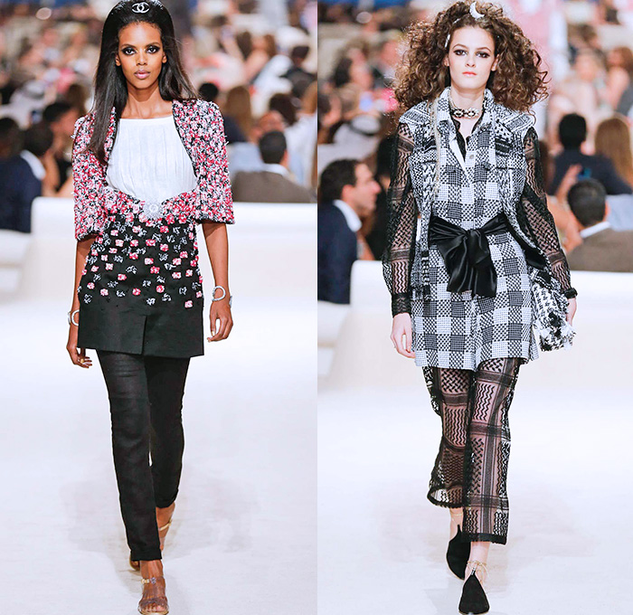 Chanel Womens Cruise 2015 Runway Collection - Dubai United Arab Emirates UAE Croisière Resort Pre Spring Fashion Show Catwalk Looks Style - Tweed 3D Flowers Embellishments Wide Leg Palazzo Harem Pants Outerwear Jacket Mesh Florals Embroidery Sequins Rhinestones Geometric Metallic Jeans Coated Flare Blouse Checks Jogging Sweatpants Rope Parka Lace Crochet Frizzy Hair Off Shoulder Knit Cardigan Drapery Moon Skirt Frock Maxi Dress Sheer Chiffon Frayed Gloves Cape Cloak Tunic Caftan Kaftan Leg Warmer Sandals