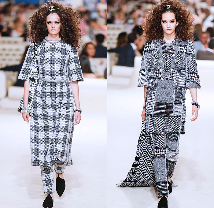 Chanel Womens Cruise 2015 Runway Collection - Dubai United Arab Emirates UAE Croisière Resort Pre Spring Fashion Show Catwalk Looks Style - Tweed 3D Flowers Embellishments Wide Leg Palazzo Harem Pants Outerwear Jacket Mesh Florals Embroidery Sequins Rhinestones Geometric Metallic Jeans Coated Flare Blouse Checks Jogging Sweatpants Rope Parka Lace Crochet Frizzy Hair Off Shoulder Knit Cardigan Drapery Moon Skirt Frock Maxi Dress Sheer Chiffon Frayed Gloves Cape Cloak Tunic Caftan Kaftan Leg Warmer Sandals