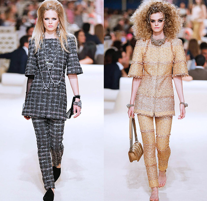 Chanel Womens Cruise 2015 Runway Collection - Dubai United Arab Emirates UAE Croisière Resort Pre Spring Fashion Show Catwalk Looks Style - Tweed 3D Flowers Embellishments Wide Leg Palazzo Harem Pants Outerwear Jacket Mesh Florals Embroidery Sequins Rhinestones Geometric Metallic Jeans Coated Flare Blouse Checks Jogging Sweatpants Rope Parka Lace Crochet Frizzy Hair Off Shoulder Knit Cardigan Drapery Moon Skirt Frock Maxi Dress Sheer Chiffon Frayed Gloves Cape Cloak Tunic Caftan Kaftan Leg Warmer Sandals