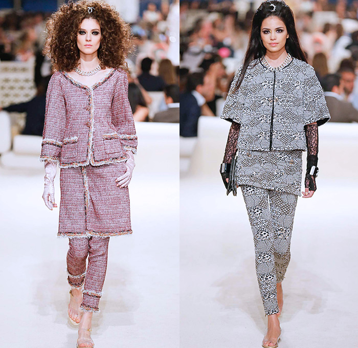 Chanel Womens Cruise 2015 Runway Collection - Dubai United Arab Emirates UAE Croisière Resort Pre Spring Fashion Show Catwalk Looks Style - Tweed 3D Flowers Embellishments Wide Leg Palazzo Harem Pants Outerwear Jacket Mesh Florals Embroidery Sequins Rhinestones Geometric Metallic Jeans Coated Flare Blouse Checks Jogging Sweatpants Rope Parka Lace Crochet Frizzy Hair Off Shoulder Knit Cardigan Drapery Moon Skirt Frock Maxi Dress Sheer Chiffon Frayed Gloves Cape Cloak Tunic Caftan Kaftan Leg Warmer Sandals