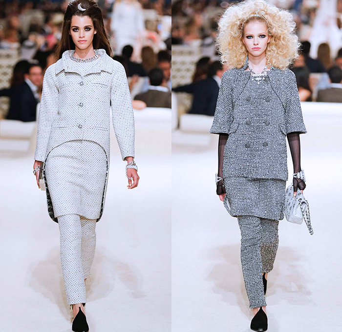 Chanel Womens Cruise 2015 Runway Collection - Dubai United Arab Emirates UAE Croisière Resort Pre Spring Fashion Show Catwalk Looks Style - Tweed 3D Flowers Embellishments Wide Leg Palazzo Harem Pants Outerwear Jacket Mesh Florals Embroidery Sequins Rhinestones Geometric Metallic Jeans Coated Flare Blouse Checks Jogging Sweatpants Rope Parka Lace Crochet Frizzy Hair Off Shoulder Knit Cardigan Drapery Moon Skirt Frock Maxi Dress Sheer Chiffon Frayed Gloves Cape Cloak Tunic Caftan Kaftan Leg Warmer Sandals