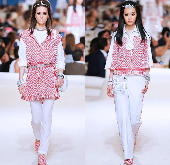 Chanel Womens Cruise 2015 Runway Collection - Dubai United Arab Emirates UAE Croisière Resort Pre Spring Fashion Show Catwalk Looks Style - Tweed 3D Flowers Embellishments Wide Leg Palazzo Harem Pants Outerwear Jacket Mesh Florals Embroidery Sequins Rhinestones Geometric Metallic Jeans Coated Flare Blouse Checks Jogging Sweatpants Rope Parka Lace Crochet Frizzy Hair Off Shoulder Knit Cardigan Drapery Moon Skirt Frock Maxi Dress Sheer Chiffon Frayed Gloves Cape Cloak Tunic Caftan Kaftan Leg Warmer Sandals