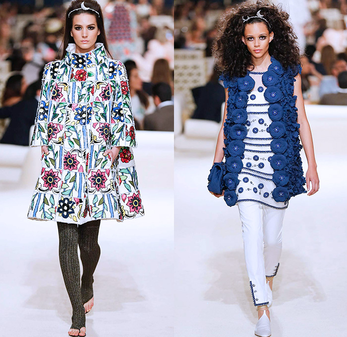 Chanel Womens Cruise 2015 Runway Collection - Dubai United Arab Emirates UAE Croisière Resort Pre Spring Fashion Show Catwalk Looks Style - Tweed 3D Flowers Embellishments Wide Leg Palazzo Harem Pants Outerwear Jacket Mesh Florals Embroidery Sequins Rhinestones Geometric Metallic Jeans Coated Flare Blouse Checks Jogging Sweatpants Rope Parka Lace Crochet Frizzy Hair Off Shoulder Knit Cardigan Drapery Moon Skirt Frock Maxi Dress Sheer Chiffon Frayed Gloves Cape Cloak Tunic Caftan Kaftan Leg Warmer Sandals