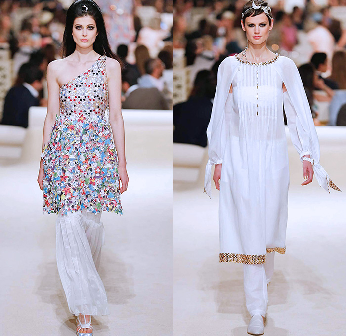 Chanel Womens Cruise 2015 Runway Collection - Dubai United Arab Emirates UAE Croisière Resort Pre Spring Fashion Show Catwalk Looks Style - Tweed 3D Flowers Embellishments Wide Leg Palazzo Harem Pants Outerwear Jacket Mesh Florals Embroidery Sequins Rhinestones Geometric Metallic Jeans Coated Flare Blouse Checks Jogging Sweatpants Rope Parka Lace Crochet Frizzy Hair Off Shoulder Knit Cardigan Drapery Moon Skirt Frock Maxi Dress Sheer Chiffon Frayed Gloves Cape Cloak Tunic Caftan Kaftan Leg Warmer Sandals