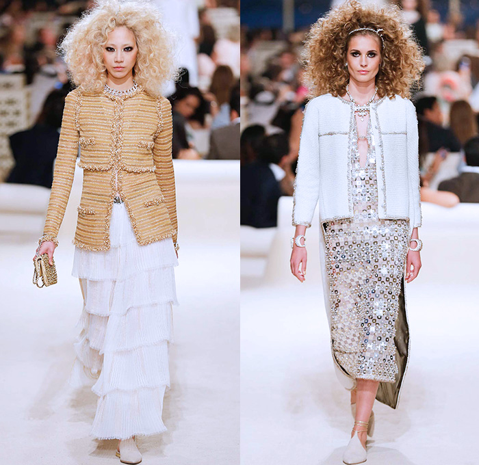 Chanel Womens Cruise 2015 Runway Collection - Dubai United Arab Emirates UAE Croisière Resort Pre Spring Fashion Show Catwalk Looks Style - Tweed 3D Flowers Embellishments Wide Leg Palazzo Harem Pants Outerwear Jacket Mesh Florals Embroidery Sequins Rhinestones Geometric Metallic Jeans Coated Flare Blouse Checks Jogging Sweatpants Rope Parka Lace Crochet Frizzy Hair Off Shoulder Knit Cardigan Drapery Moon Skirt Frock Maxi Dress Sheer Chiffon Frayed Gloves Cape Cloak Tunic Caftan Kaftan Leg Warmer Sandals