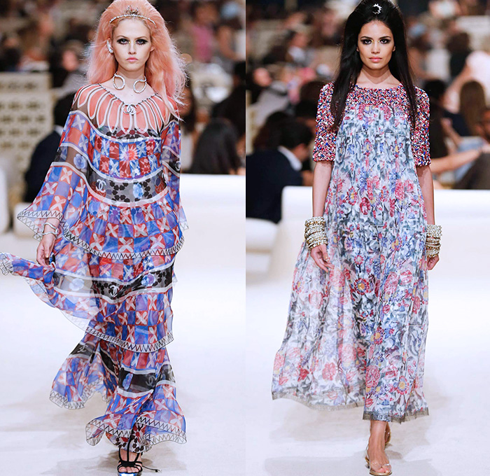 Chanel Womens Cruise 2015 Runway Collection - Dubai United Arab Emirates UAE Croisière Resort Pre Spring Fashion Show Catwalk Looks Style - Tweed 3D Flowers Embellishments Wide Leg Palazzo Harem Pants Outerwear Jacket Mesh Florals Embroidery Sequins Rhinestones Geometric Metallic Jeans Coated Flare Blouse Checks Jogging Sweatpants Rope Parka Lace Crochet Frizzy Hair Off Shoulder Knit Cardigan Drapery Moon Skirt Frock Maxi Dress Sheer Chiffon Frayed Gloves Cape Cloak Tunic Caftan Kaftan Leg Warmer Sandals