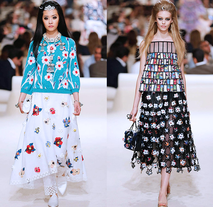 Chanel Womens Cruise 2015 Runway Collection - Dubai United Arab Emirates UAE Croisière Resort Pre Spring Fashion Show Catwalk Looks Style - Tweed 3D Flowers Embellishments Wide Leg Palazzo Harem Pants Outerwear Jacket Mesh Florals Embroidery Sequins Rhinestones Geometric Metallic Jeans Coated Flare Blouse Checks Jogging Sweatpants Rope Parka Lace Crochet Frizzy Hair Off Shoulder Knit Cardigan Drapery Moon Skirt Frock Maxi Dress Sheer Chiffon Frayed Gloves Cape Cloak Tunic Caftan Kaftan Leg Warmer Sandals