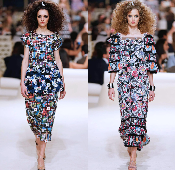 Chanel Womens Cruise 2015 Runway Collection - Dubai United Arab Emirates UAE Croisière Resort Pre Spring Fashion Show Catwalk Looks Style - Tweed 3D Flowers Embellishments Wide Leg Palazzo Harem Pants Outerwear Jacket Mesh Florals Embroidery Sequins Rhinestones Geometric Metallic Jeans Coated Flare Blouse Checks Jogging Sweatpants Rope Parka Lace Crochet Frizzy Hair Off Shoulder Knit Cardigan Drapery Moon Skirt Frock Maxi Dress Sheer Chiffon Frayed Gloves Cape Cloak Tunic Caftan Kaftan Leg Warmer Sandals