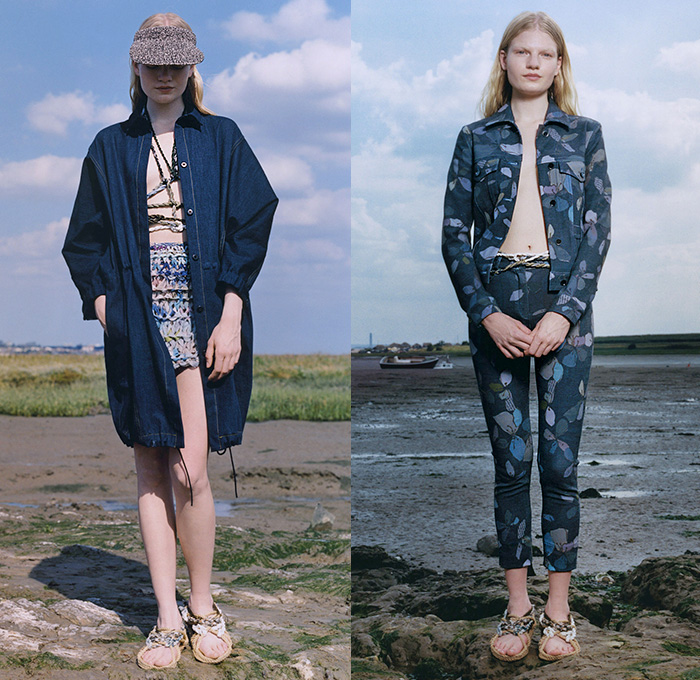 christian wijnants 2015 Resort Womens Lookbook Presentation - 2015 Cruise Pre Spring Fashion Pre Collection - Denim Jeans Outerwear Coat Drawstring Chunky Knit Harness Rope Waist Trucker Jacket Leaves Foliage Metallic Motorcycle Biker Pants Trousers Cargo Pockets Cardigan Miniskirt Sleeveless V-Neck Culottes Cropped Wide Leg Stripes Nautical Sailor Ribbon Wrap Sweater Jumper Dress Collage 3D Embellishments Asymmetrical Hem Visor