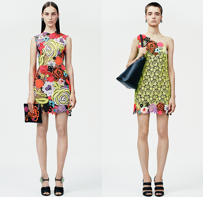 Christopher Kane 2015 Resort Womens Lookbook Presentation - 2015 Cruise Pre Spring Fashion Pre Collection London UK - Denim Jeans 3D Embroidery Embellishments Flowers Florals Lace Sheer Chiffon Perforated Cutoffs Shorts Blouse Shirt Culottes Wide Leg Palazzo Pants Trousers Safari Jungle Leopard Cheetah Frock Miniskirt Outerwear Jacket Sweater Jumper Dress One Off Shoulder Neon Fold Out Curved Hem Noodle Spaghetti Strap Accordion Pleats Cut Out Waist Neoprene Pantsuit