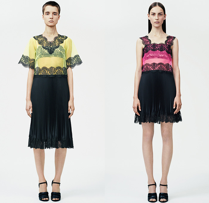 Christopher Kane 2015 Resort Womens Lookbook Presentation - 2015 Cruise Pre Spring Fashion Pre Collection London UK - Denim Jeans 3D Embroidery Embellishments Flowers Florals Lace Sheer Chiffon Perforated Cutoffs Shorts Blouse Shirt Culottes Wide Leg Palazzo Pants Trousers Safari Jungle Leopard Cheetah Frock Miniskirt Outerwear Jacket Sweater Jumper Dress One Off Shoulder Neon Fold Out Curved Hem Noodle Spaghetti Strap Accordion Pleats Cut Out Waist Neoprene Pantsuit