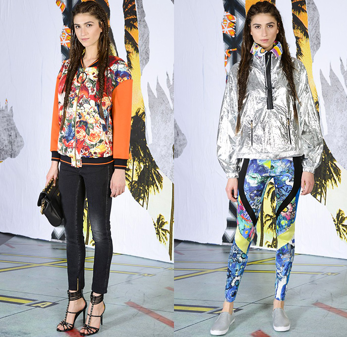 Just Cavalli 2015 Resort Womens Lookbook Presentation - Roberto Cavalli 2015 Cruise Pre Spring Fashion Pre Collection - Denim Jeans Activewear Athletic Sporty Sportswear Runner Jogging Sweatpants Bomber Jacket Outerwear Flowers Florals Print Motif Rainwear Anorak Metallic Silver Leggings Multi Panel Dress