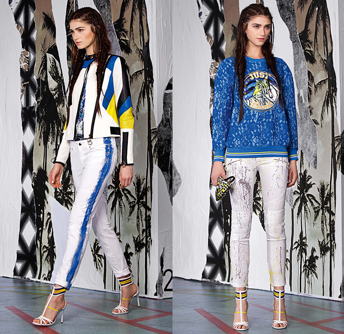 Just Cavalli 2015 Resort Womens Lookbook Presentation - Roberto Cavalli 2015 Cruise Pre Spring Fashion Pre Collection - Denim Jeans Activewear Athletic Sporty Sportswear Runner Jogging Sweatpants Bomber Jacket Outerwear Flowers Florals Print Motif Rainwear Anorak Metallic Silver Leggings Multi Panel Dress