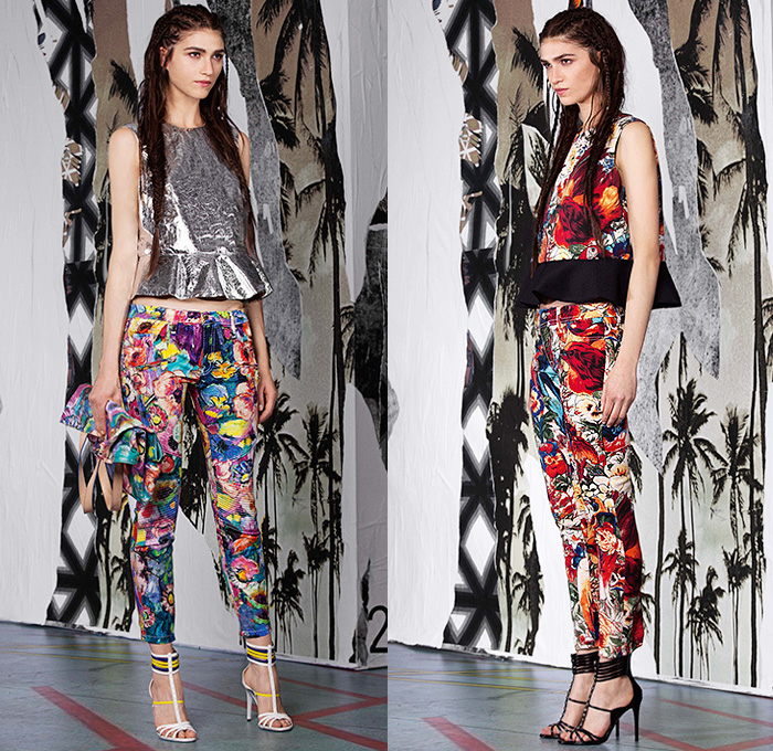 Just Cavalli 2015 Resort Womens Lookbook Presentation - Roberto Cavalli 2015 Cruise Pre Spring Fashion Pre Collection - Denim Jeans Activewear Athletic Sporty Sportswear Runner Jogging Sweatpants Bomber Jacket Outerwear Flowers Florals Print Motif Rainwear Anorak Metallic Silver Leggings Multi Panel Dress