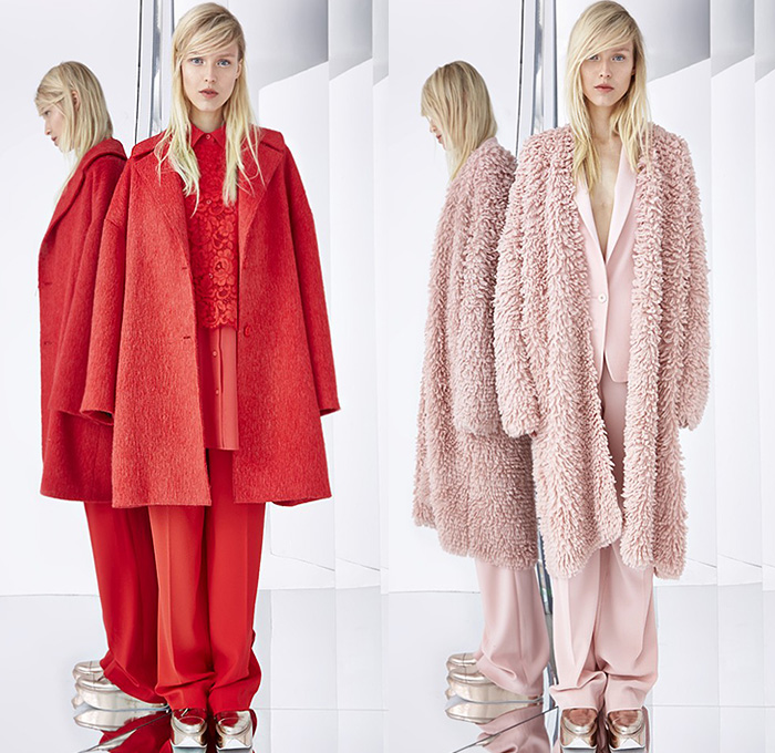 DKNY 2015 Resort Womens Lookbook Presentation - 2015 Cruise Pre Spring Fashion Pre Collection Donna Karan - Red Pink Outerwear Coat Oversized Lace Peek-A-Boo Slouchy Pants Trousers Furry Pantsuit Blazer Ruffles Cropped Pants Blouse Bib Mesh Skirt Frock Crop Top Midriff Motorcycle Biker Rider Feathers White Ensemble Fringes Sweater Jumper Baseball Cap Street