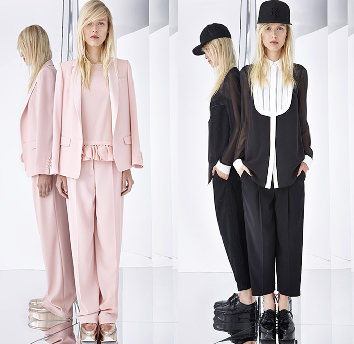 DKNY 2015 Resort Womens Lookbook Presentation - 2015 Cruise Pre Spring Fashion Pre Collection Donna Karan - Red Pink Outerwear Coat Oversized Lace Peek-A-Boo Slouchy Pants Trousers Furry Pantsuit Blazer Ruffles Cropped Pants Blouse Bib Mesh Skirt Frock Crop Top Midriff Motorcycle Biker Rider Feathers White Ensemble Fringes Sweater Jumper Baseball Cap Street