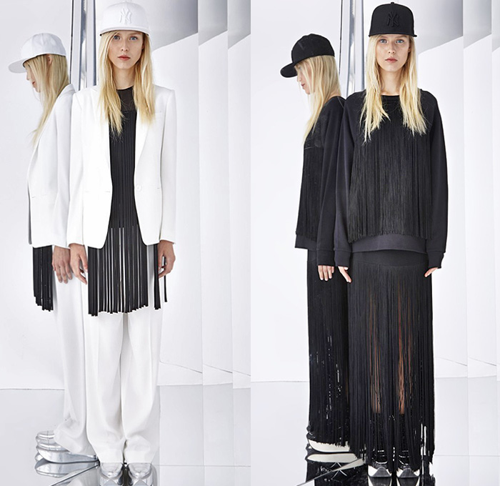 DKNY 2015 Resort Womens Lookbook Presentation - 2015 Cruise Pre Spring Fashion Pre Collection Donna Karan - Red Pink Outerwear Coat Oversized Lace Peek-A-Boo Slouchy Pants Trousers Furry Pantsuit Blazer Ruffles Cropped Pants Blouse Bib Mesh Skirt Frock Crop Top Midriff Motorcycle Biker Rider Feathers White Ensemble Fringes Sweater Jumper Baseball Cap Street