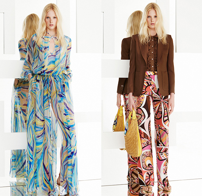 Emilio Pucci 2015 Resort Womens Lookbook Presentation - 2015 Cruise Pre Spring Fashion Pre Collection - 1960s-70s Bohemian Boho Seaside Psychedelic Prints Motif Graphic Geometric 3D Flowers Florals Perforated Holes Fringes Embroidery Embellishments Lace Laser Cut Sheer Chiffon Ruffles Onesie Romper Combishorts Blazer Outerwear Jacket Dress Curved Hem Stripes Cutout Waist White Gown Shorts Blouse Swimwear Bikini Turtleneck Cape Cloak Furry Gradient