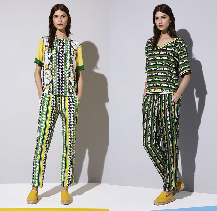 Emma Cook London UK 2015 Resort Womens Lookbook Presentation - 2015 Cruise Pre Spring Fashion Pre Collection - Chevron Mix Match Patterns Zigzag Print Graphic Motif Hands Lemons Fruits Pop Art Houndstooth Sawtooth Geometric Stripes Drawstring Sweatpants Jogging Espadrilles Sweater Jumper Outerwear Coat Jacket Poncho Hoodie Midi Skirt Frock Blouse Mesh Cardigan Wide Leg Trousers Culottes Gauchos Sheer Chiffon Dress Shorts Shirtdress Bomber Jacket