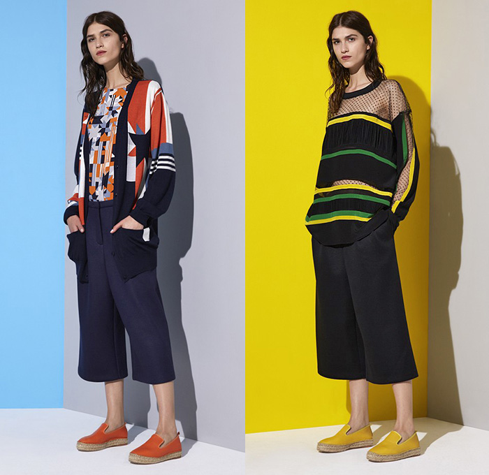 Emma Cook London UK 2015 Resort Womens Lookbook Presentation - 2015 Cruise Pre Spring Fashion Pre Collection - Chevron Mix Match Patterns Zigzag Print Graphic Motif Hands Lemons Fruits Pop Art Houndstooth Sawtooth Geometric Stripes Drawstring Sweatpants Jogging Espadrilles Sweater Jumper Outerwear Coat Jacket Poncho Hoodie Midi Skirt Frock Blouse Mesh Cardigan Wide Leg Trousers Culottes Gauchos Sheer Chiffon Dress Shorts Shirtdress Bomber Jacket