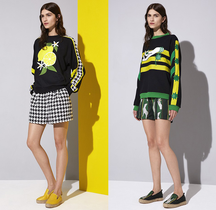 Emma Cook London UK 2015 Resort Womens Lookbook Presentation - 2015 Cruise Pre Spring Fashion Pre Collection - Chevron Mix Match Patterns Zigzag Print Graphic Motif Hands Lemons Fruits Pop Art Houndstooth Sawtooth Geometric Stripes Drawstring Sweatpants Jogging Espadrilles Sweater Jumper Outerwear Coat Jacket Poncho Hoodie Midi Skirt Frock Blouse Mesh Cardigan Wide Leg Trousers Culottes Gauchos Sheer Chiffon Dress Shorts Shirtdress Bomber Jacket