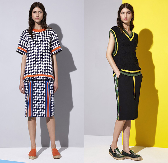 Emma Cook London UK 2015 Resort Womens Lookbook Presentation - 2015 Cruise Pre Spring Fashion Pre Collection - Chevron Mix Match Patterns Zigzag Print Graphic Motif Hands Lemons Fruits Pop Art Houndstooth Sawtooth Geometric Stripes Drawstring Sweatpants Jogging Espadrilles Sweater Jumper Outerwear Coat Jacket Poncho Hoodie Midi Skirt Frock Blouse Mesh Cardigan Wide Leg Trousers Culottes Gauchos Sheer Chiffon Dress Shorts Shirtdress Bomber Jacket