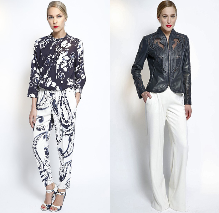 Escada 2015 Resort Womens Lookbook Presentation - 2015 Cruise Pre Spring Fashion Pre Collection Germany - Paisley Print Motif Blouse Pants Trousers Mesh Embossed Engraved Jacket Leather Wide Leg Palazzo Pants Wrap Outerwear Coat Cropped Pants Scales Print Accordion Pleats Trenchdress Coatdress One Off Shoulder Dress Gown Sheer Chiffon Peek-A-Boo Embroidery Foliage Leaves Lace Mesh