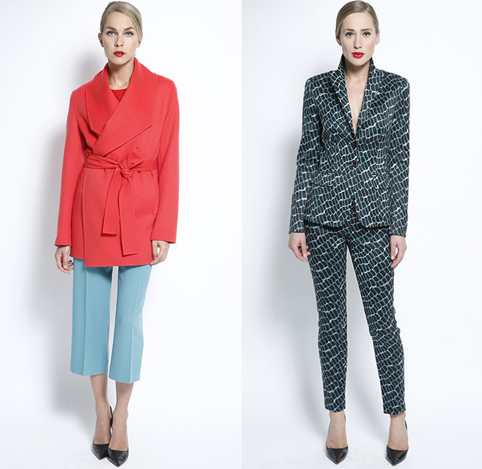 Escada 2015 Resort Womens Lookbook Presentation - 2015 Cruise Pre Spring Fashion Pre Collection Germany - Paisley Print Motif Blouse Pants Trousers Mesh Embossed Engraved Jacket Leather Wide Leg Palazzo Pants Wrap Outerwear Coat Cropped Pants Scales Print Accordion Pleats Trenchdress Coatdress One Off Shoulder Dress Gown Sheer Chiffon Peek-A-Boo Embroidery Foliage Leaves Lace Mesh