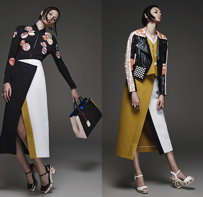 Fendi 2015 Resort Womens Lookbook Presentation - 2015 Cruise Pre Spring Fashion Karl Lagerfeld Italy - Pop Art Jogging Sweatpants Bomber Jacket Mesh Peek-A-Boo Geometric Print Motif Outerwear Coat Pantsuit Blazer Tuxedo Stripe Polka Dots Culottes Wide Leg Pants Gauchos Handkerchief Hem Patches Motorcycle Biker Rider Jacket Kimono Wrap Coatdress Dress White Accordion Pleats Peter Pan Collar Sporty Neoprene Ruffles Flowers Florals Racing Checks Fold Out Lapel Gown