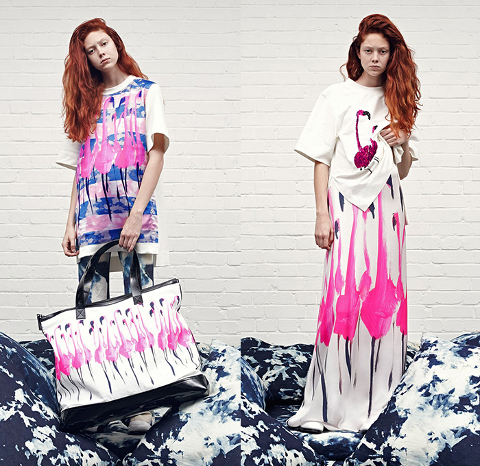 Giles 2015 Resort Womens Lookbook Presentation - Giles Deacon 2015 Cruise Pre Spring Fashion Pre Collection - Acid Pansies Flamingo Embroidery Print Graphic Motif Dinosaur Bag Oversized Box Shirt Skirt Frock Sheer Chiffon Outerwear Coat Pink Indigo Abstract Flare Trousers Pants Psychedelic Trippy Florals Bomber Jacket 3d Flowers Embellishments Embroidery Color Block Handkerchief Hem Shirtdress White Lace Dress