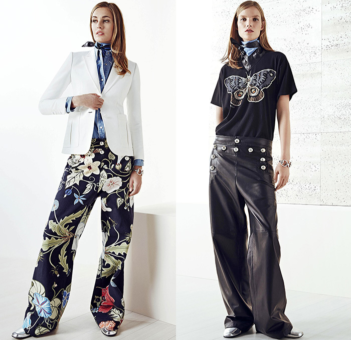 Gucci 2015 Resort Womens Lookbook Presentation - 2015 Cruise Pre Spring Fashion Pre Collection Italy - Denim Jeans Sailor Pants Western Shirt Sash Belt Skirt Frock 3D Embellishments Reptile Snake Python Stripes Knit Sweater Jumper Acid Wash Marbled Tie-Dye Wide Leg Trousers Palazzo Pants Flare Blouse Flowers Florals Print Motif Pantsuit Blazer Leaves Foliage Fauna Tankdress Dress Outerwear Jacket Trench Coat Spaghetti Noodle Strap Boots Shorts Shirtdress Gown Sequins 