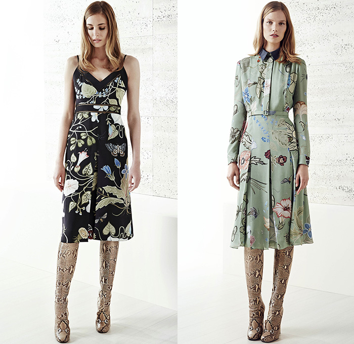 Gucci 2015 Resort Womens Lookbook Presentation - 2015 Cruise Pre Spring Fashion Pre Collection Italy - Denim Jeans Sailor Pants Western Shirt Sash Belt Skirt Frock 3D Embellishments Reptile Snake Python Stripes Knit Sweater Jumper Acid Wash Marbled Tie-Dye Wide Leg Trousers Palazzo Pants Flare Blouse Flowers Florals Print Motif Pantsuit Blazer Leaves Foliage Fauna Tankdress Dress Outerwear Jacket Trench Coat Spaghetti Noodle Strap Boots Shorts Shirtdress Gown Sequins 
