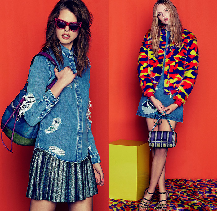 House of Holland 2015 Resort Womens Lookbook Presentation - 2015 Cruise Pre Spring Fashion Pre Collection UK - Denim Jeans Animal Jungle Safari Leopard Cheetah Reptile Snake Python Zebra Stripes Wide Leg Culottes Gauchos Blouse Bomber Jacket Curved Hem Ruffles Ripped Destroyed Destructed Holes Metallic Shiny Foil Surfboard Cutoffs Shorts Accordion Pleats Camouflage Fingerprint Dress Bangles Bikini Swim Bucket Hat Sheer Chiffon Crop Top Midriff Outerwear Coat Miniskirt Sequins Key Chains