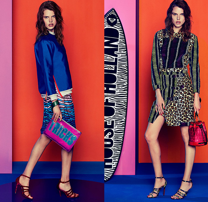 House of Holland 2015 Resort Womens Lookbook Presentation - 2015 Cruise Pre Spring Fashion Pre Collection UK - Denim Jeans Animal Jungle Safari Leopard Cheetah Reptile Snake Python Zebra Stripes Wide Leg Culottes Gauchos Blouse Bomber Jacket Curved Hem Ruffles Ripped Destroyed Destructed Holes Metallic Shiny Foil Surfboard Cutoffs Shorts Accordion Pleats Camouflage Fingerprint Dress Bangles Bikini Swim Bucket Hat Sheer Chiffon Crop Top Midriff Outerwear Coat Miniskirt Sequins Key Chains