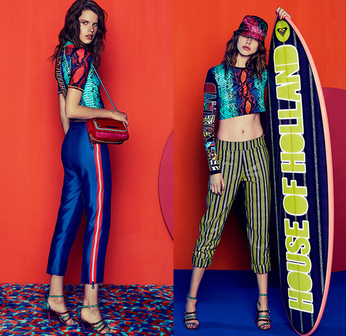 House of Holland 2015 Resort Womens Lookbook Presentation - 2015 Cruise Pre Spring Fashion Pre Collection UK - Denim Jeans Animal Jungle Safari Leopard Cheetah Reptile Snake Python Zebra Stripes Wide Leg Culottes Gauchos Blouse Bomber Jacket Curved Hem Ruffles Ripped Destroyed Destructed Holes Metallic Shiny Foil Surfboard Cutoffs Shorts Accordion Pleats Camouflage Fingerprint Dress Bangles Bikini Swim Bucket Hat Sheer Chiffon Crop Top Midriff Outerwear Coat Miniskirt Sequins Key Chains