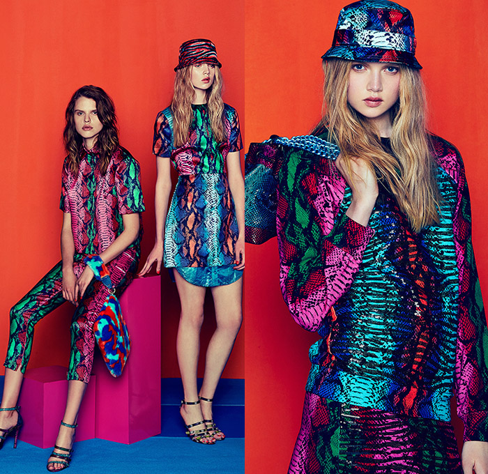 House of Holland 2015 Resort Womens Lookbook Presentation - 2015 Cruise Pre Spring Fashion Pre Collection UK - Denim Jeans Animal Jungle Safari Leopard Cheetah Reptile Snake Python Zebra Stripes Wide Leg Culottes Gauchos Blouse Bomber Jacket Curved Hem Ruffles Ripped Destroyed Destructed Holes Metallic Shiny Foil Surfboard Cutoffs Shorts Accordion Pleats Camouflage Fingerprint Dress Bangles Bikini Swim Bucket Hat Sheer Chiffon Crop Top Midriff Outerwear Coat Miniskirt Sequins Key Chains