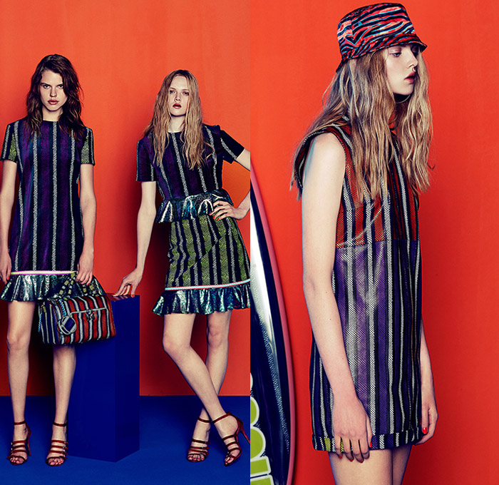 House of Holland 2015 Resort Womens Lookbook Presentation - 2015 Cruise Pre Spring Fashion Pre Collection UK - Denim Jeans Animal Jungle Safari Leopard Cheetah Reptile Snake Python Zebra Stripes Wide Leg Culottes Gauchos Blouse Bomber Jacket Curved Hem Ruffles Ripped Destroyed Destructed Holes Metallic Shiny Foil Surfboard Cutoffs Shorts Accordion Pleats Camouflage Fingerprint Dress Bangles Bikini Swim Bucket Hat Sheer Chiffon Crop Top Midriff Outerwear Coat Miniskirt Sequins Key Chains
