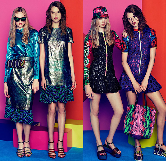 House of Holland 2015 Resort Womens Lookbook Presentation - 2015 Cruise Pre Spring Fashion Pre Collection UK - Denim Jeans Animal Jungle Safari Leopard Cheetah Reptile Snake Python Zebra Stripes Wide Leg Culottes Gauchos Blouse Bomber Jacket Curved Hem Ruffles Ripped Destroyed Destructed Holes Metallic Shiny Foil Surfboard Cutoffs Shorts Accordion Pleats Camouflage Fingerprint Dress Bangles Bikini Swim Bucket Hat Sheer Chiffon Crop Top Midriff Outerwear Coat Miniskirt Sequins Key Chains