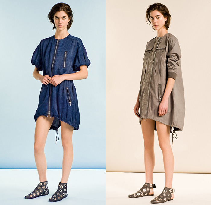 Irfé by Olga Sorokina 2015 Resort Womens Lookbook Presentation - 2015 Cruise Pre Spring Fashion Pre Collection Maison Irfé Paris - Denim Jeans Outerwear Grommets Metallic Strip Patch Blazer Tapered Zippers Shirt Tunic Dress Skirt Frock Shorts Jorts Shirtdress Drawstring Asymmetrical Handkerchief Hem Coatdress Bomber Jacket Hoodie Wide Leg Palazzo Pants Stripes Robe Wrap Loungewear Sheer Chiffon Belted Cinch Waist Drapery Multi-Panel Fringes Gown Ruffles